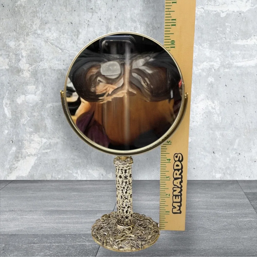 Vtg‎ Japan Gold/Silver Filigree Vanity Mirror Swivel Floral Rose Pedestal Decor